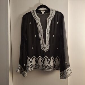 Aqua Women's Silk Black and Silver Embroidered Sheer Tunic